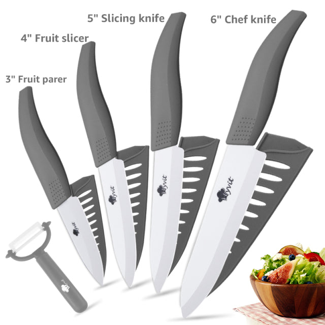 Ceramic Kitchen Knife Set with Peeler - Grey