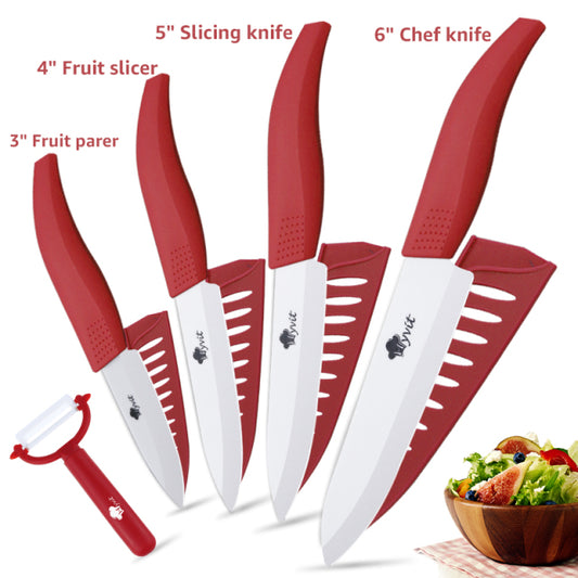 Ceramic Kitchen Knife Set with Peeler - Red